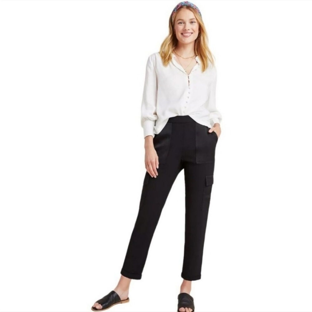 Anthropologie Maeve Delancey Pants Black Satin Trim Cargo Jogger Size XS